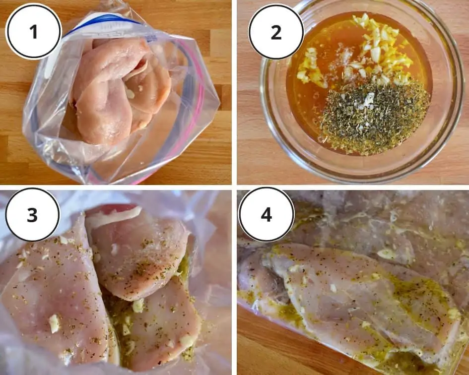 process shots showing how to make recipe include putting the meat in a zip top bag and pouring the sauce over it. 
