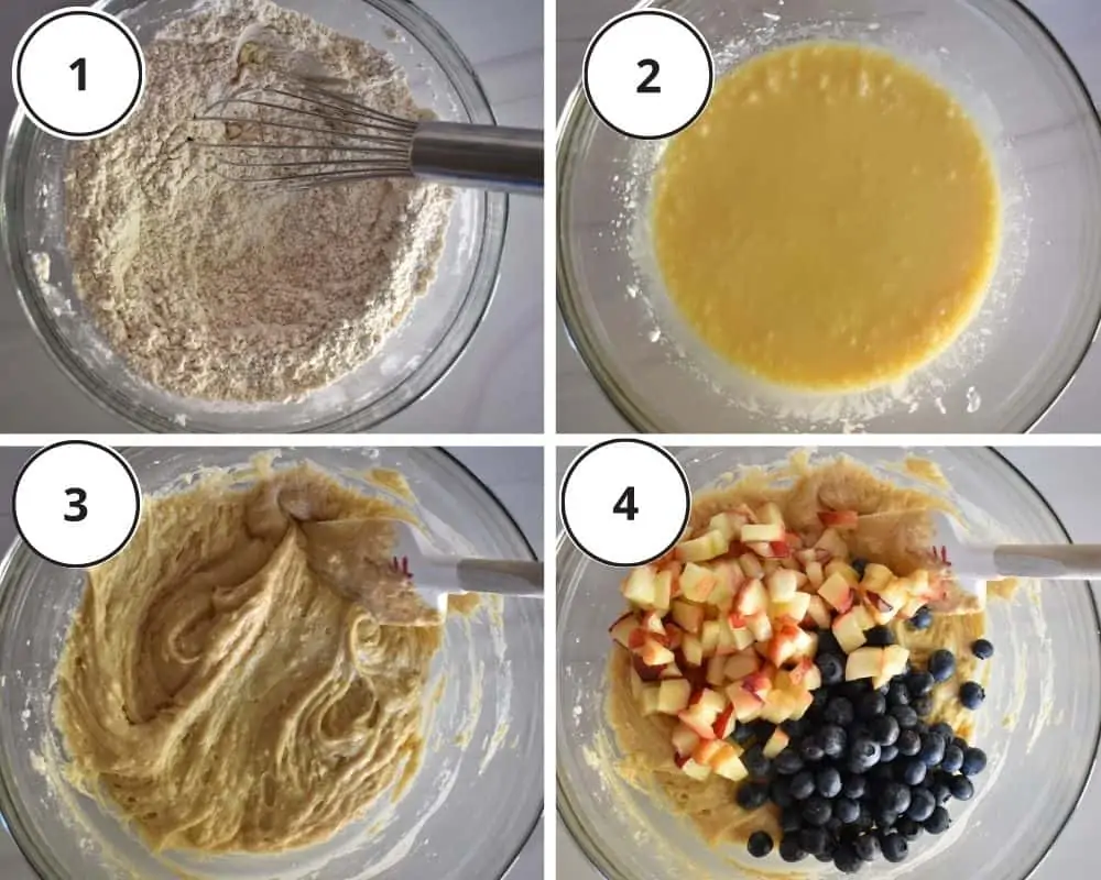 process shots showing how to make the recipe including the batter and the fruit mixed into it. 