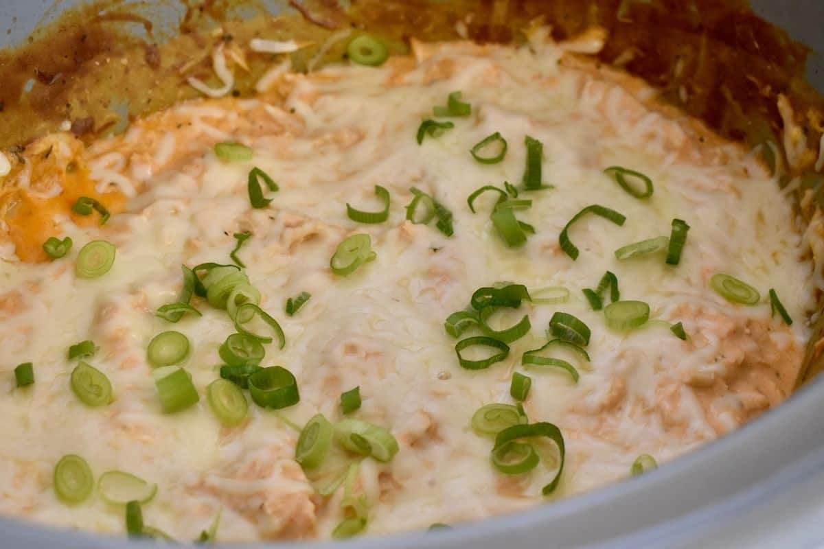 Slow cooker buffalo chicken dip in a crock pot with melted cheese and green onion on top. 