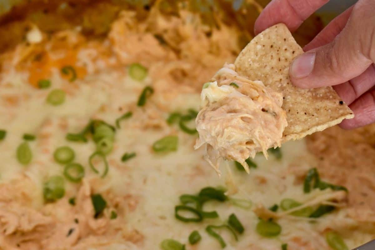 Slow cooker buffalo chicken dip with a tortilla chip. 