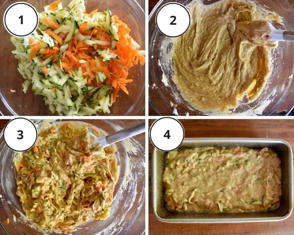 process shots showing how to make recipe including grating the veggies and folding them into the batter. 