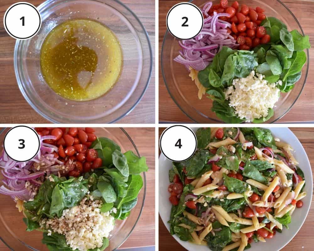 process shots showing how to make the recipe including the vinaigrette and tossing it altogether. 
