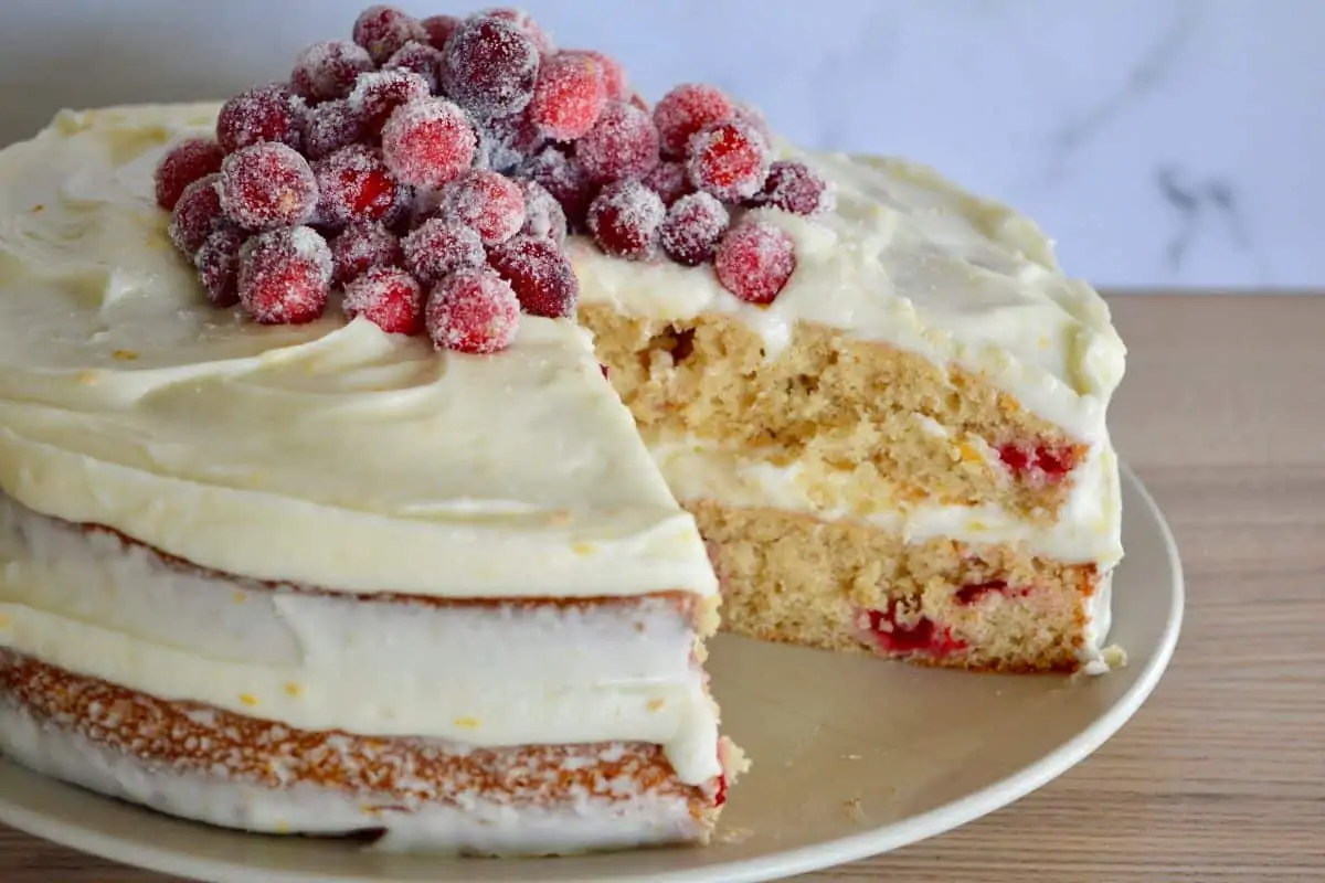 Cranberry orange cake on a plate with a slice taken from it. 