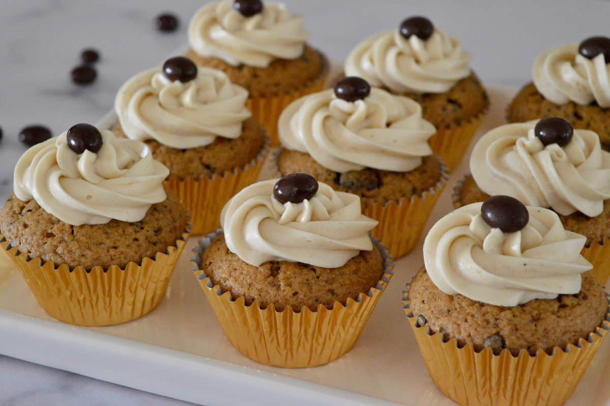 Espresso Cupcakes on a white serving tray. 