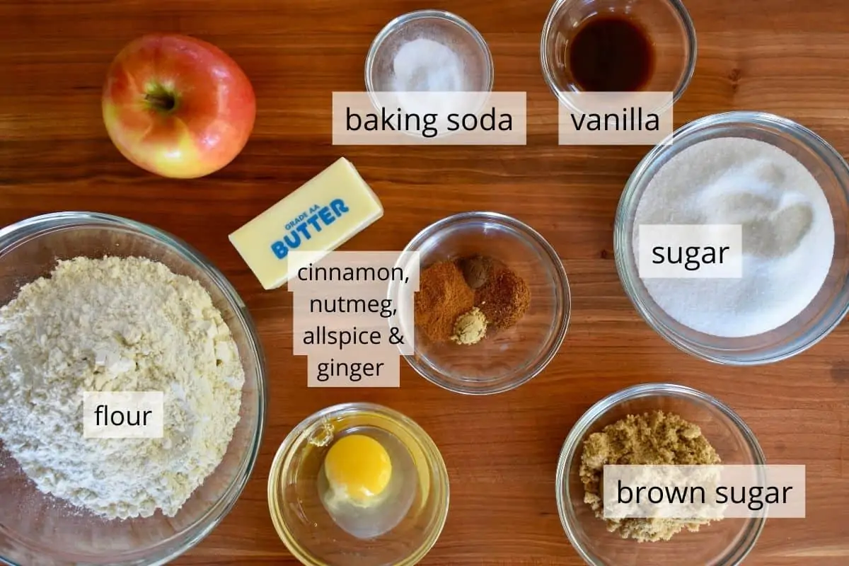 overhead photo of ingredients for recipe including butter, flour, spices, and sugars. 