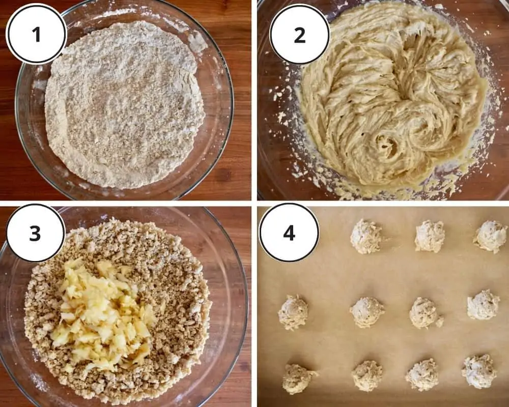 process shots showing how to make the recipe including prepping the batter and rolling balls of dough on a baking sheet. 