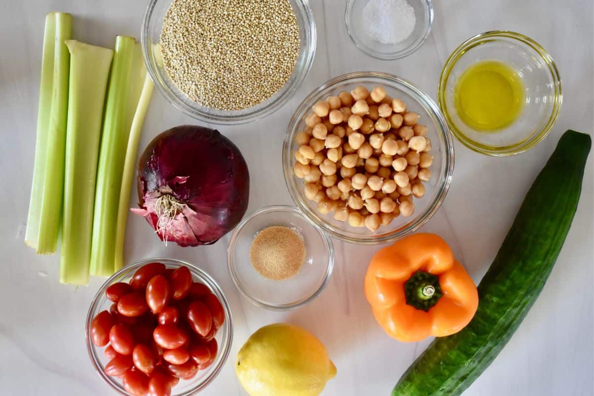 overhead photo of ingredients needed including cucumber, bell pepper, tomatoes, celery, and garbanzo beans. 