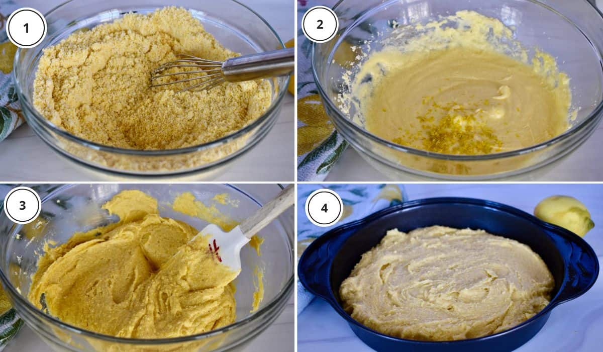process shots showing how to make recipe including mixing together the cornmeal and almond flour. 