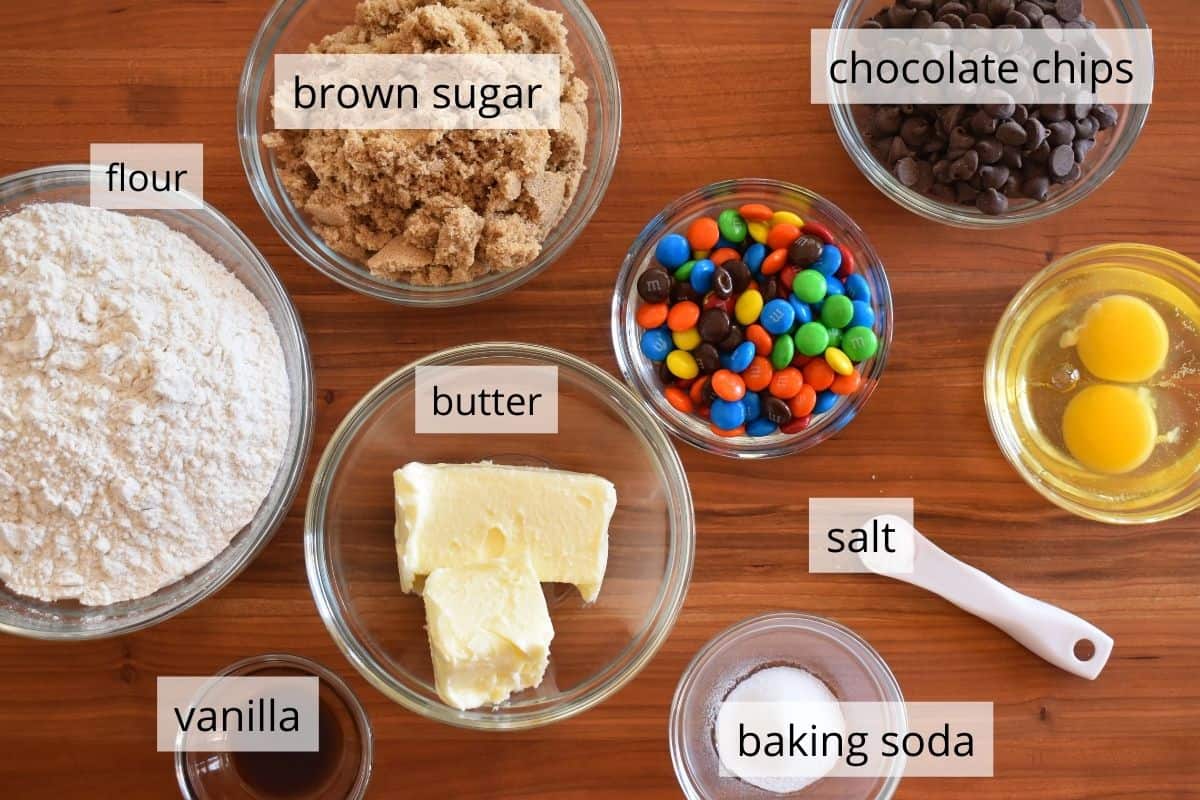 labeled photo showing ingredients for recipe including flour, butter, sugar, and eggs. 