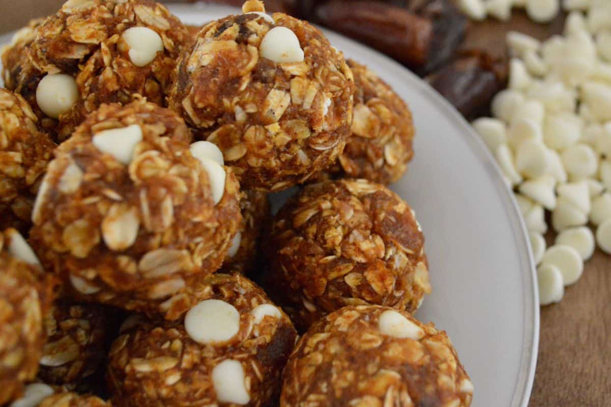 Pumpkin Protein Balls with white chocolate in bowl. 