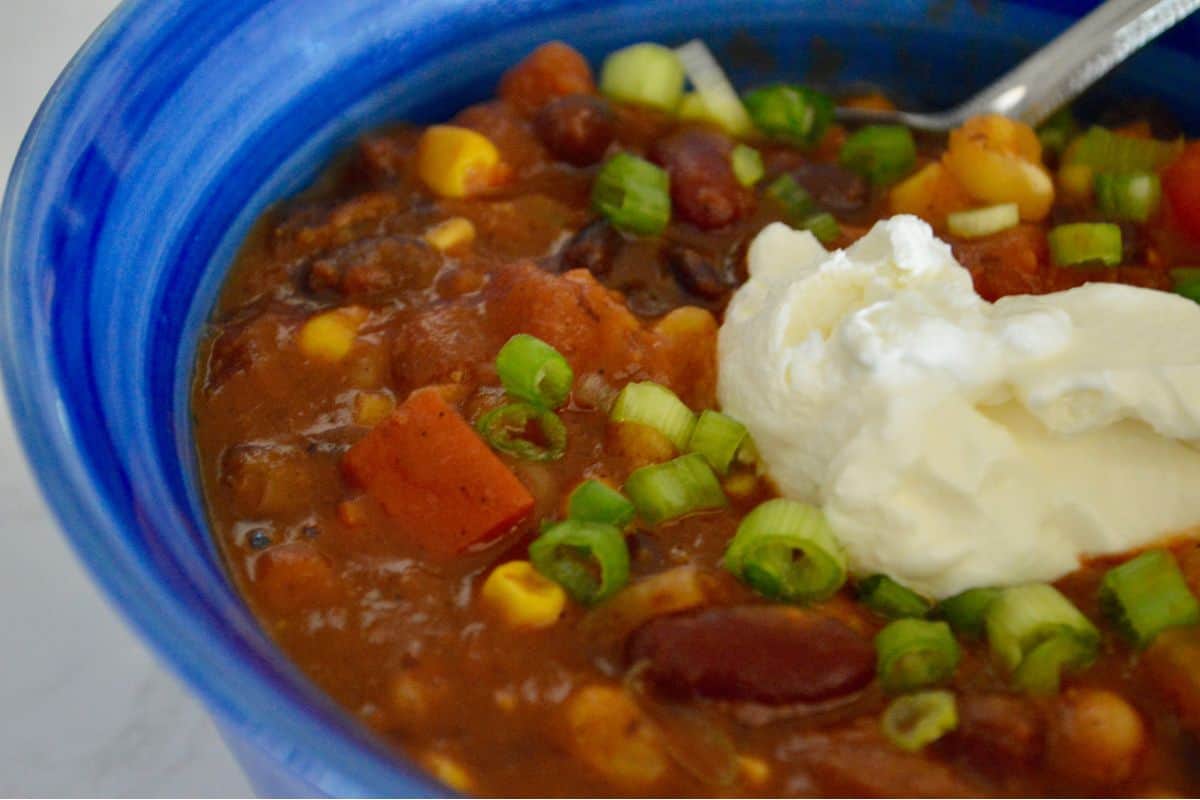 recipe with a dollop of sour cream on top and a spoon in it. 