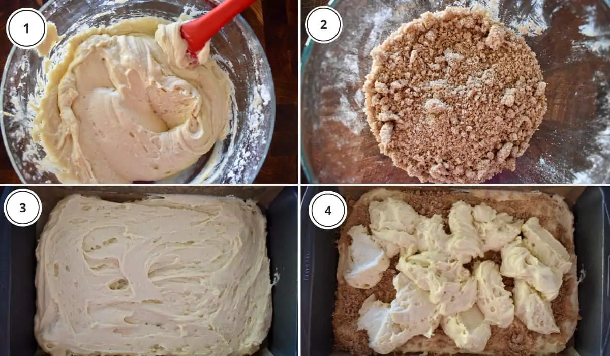process shots showing how to make the recipe including dolloping the batter into the pan. 