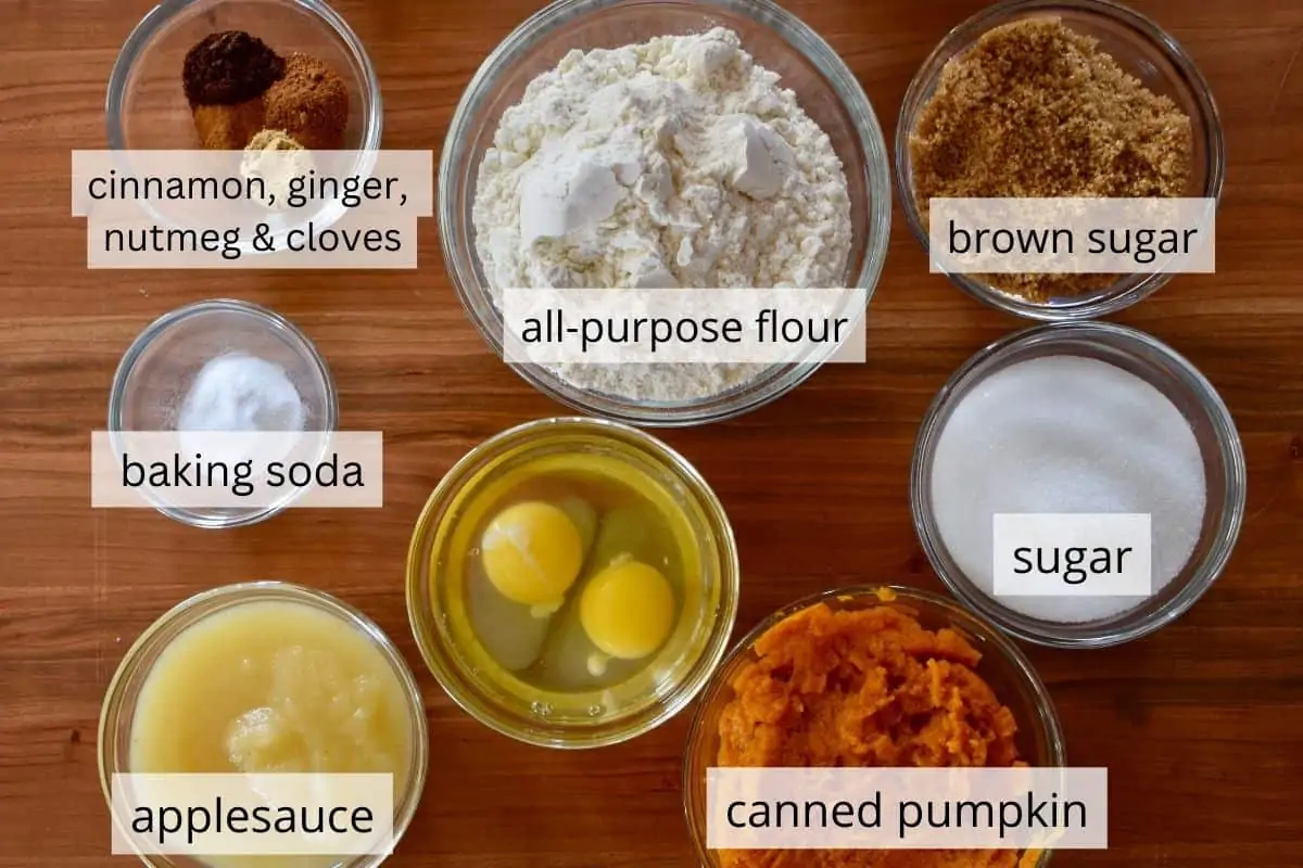 overhead photo of ingredients including eggs, flour, cinnamon, and sugar.