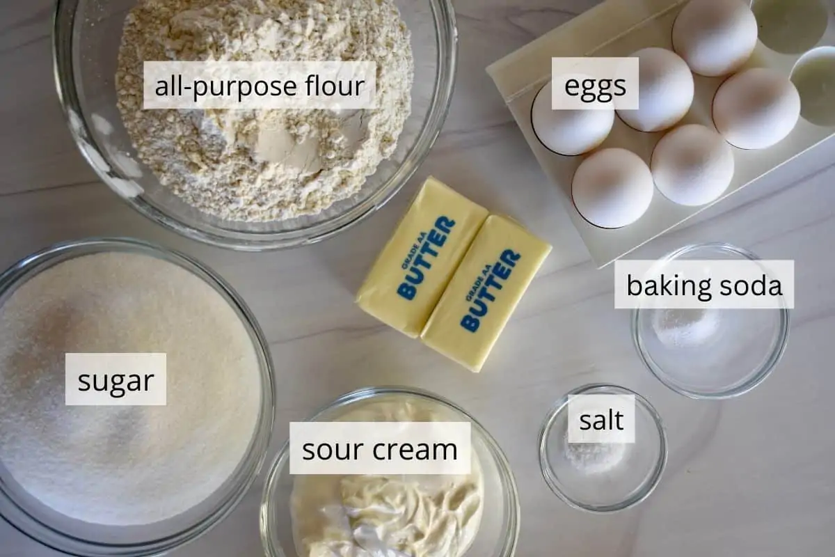 ingredients needed for recipe including eggs, flour, sugar, and salt.