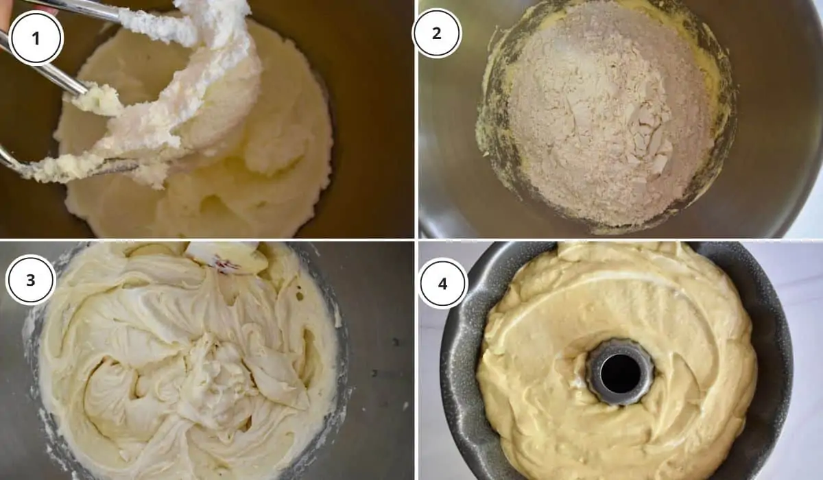 process shots showing how to make recipe including creaming the butter and sugar and pouring batter into bundt cake pan. 