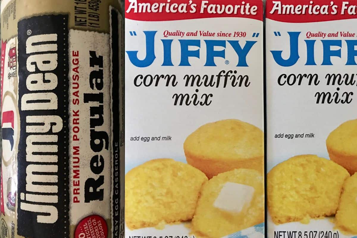 photo of jimmy dean sausage and jiffy corn muffin mix. 