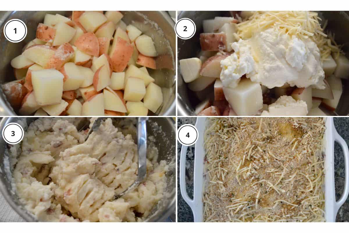 process shots showing how to make recipe including mashing the ricotta cheese and spreading into a baking dish. 