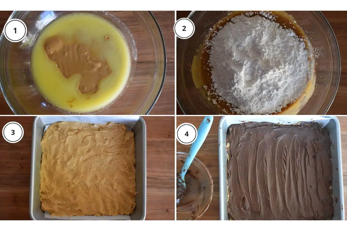process shots showing how to make recipe including blending the butter and pressing the mixture into the baking pan. 