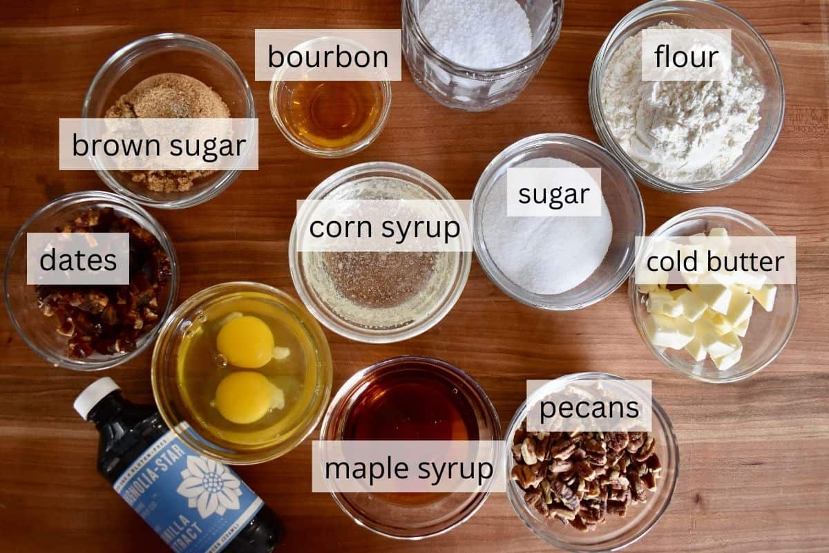 ingredients for recipe including corn syrup, brown sugar, bourbon, vanilla, and eggs. 