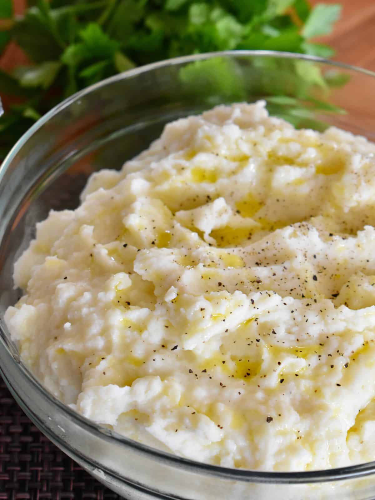 Ricotta Mashed Potatoes in a glass bowl. 
