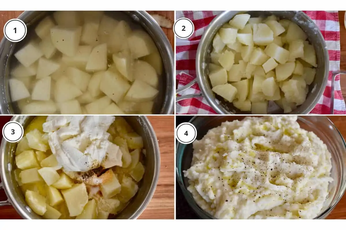 process shots showing how to make recipe including boiling the spuds and adding in the butter and cream to mash them. 