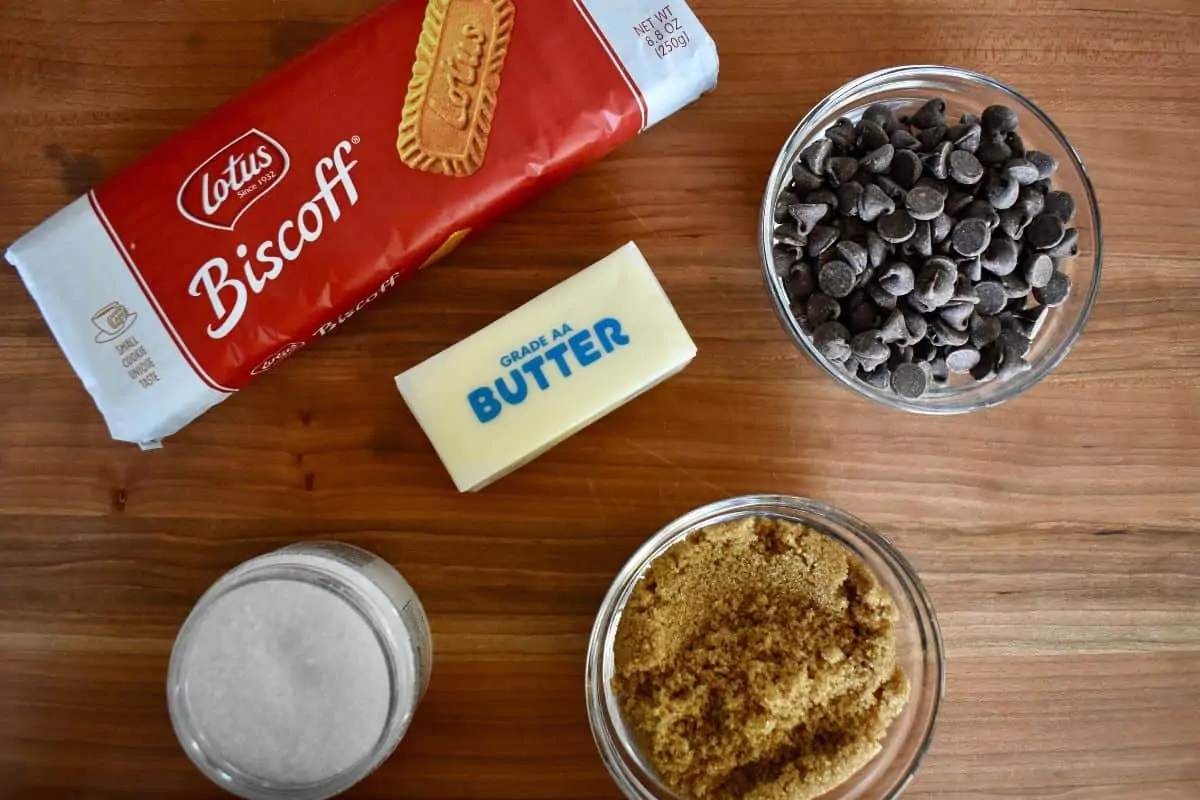 overhead photo of ingredients needed to make recipe including chocolate chips and brown sugar.