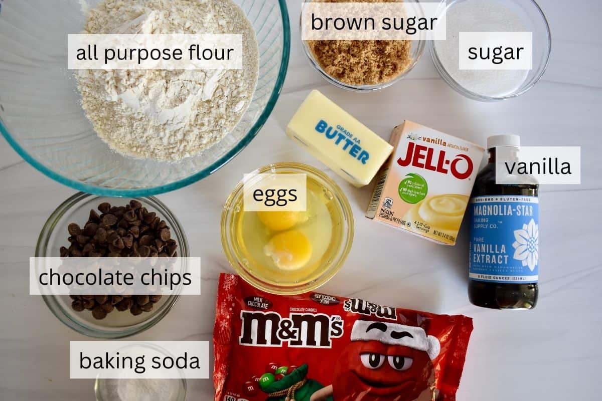 overhead photo of ingredients including vanilla pudding mix and chocolate chips. 