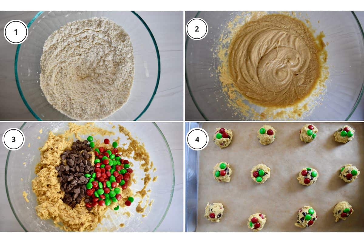 process shots showing how to make recipe including pressing the candies into the dough balls before baking. 