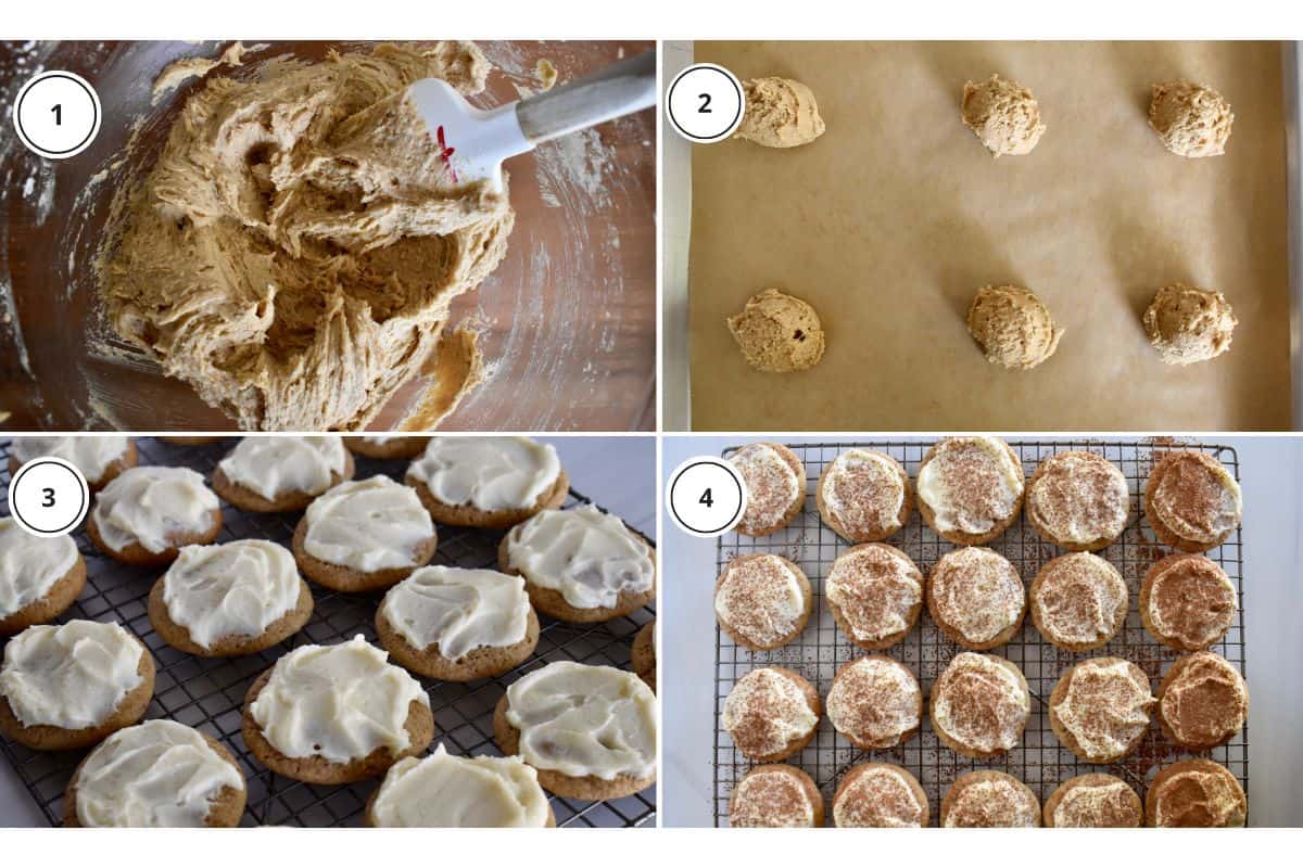 process shots showing how to make recipe including putting together batter, rolling into balls, and making the frosting. 