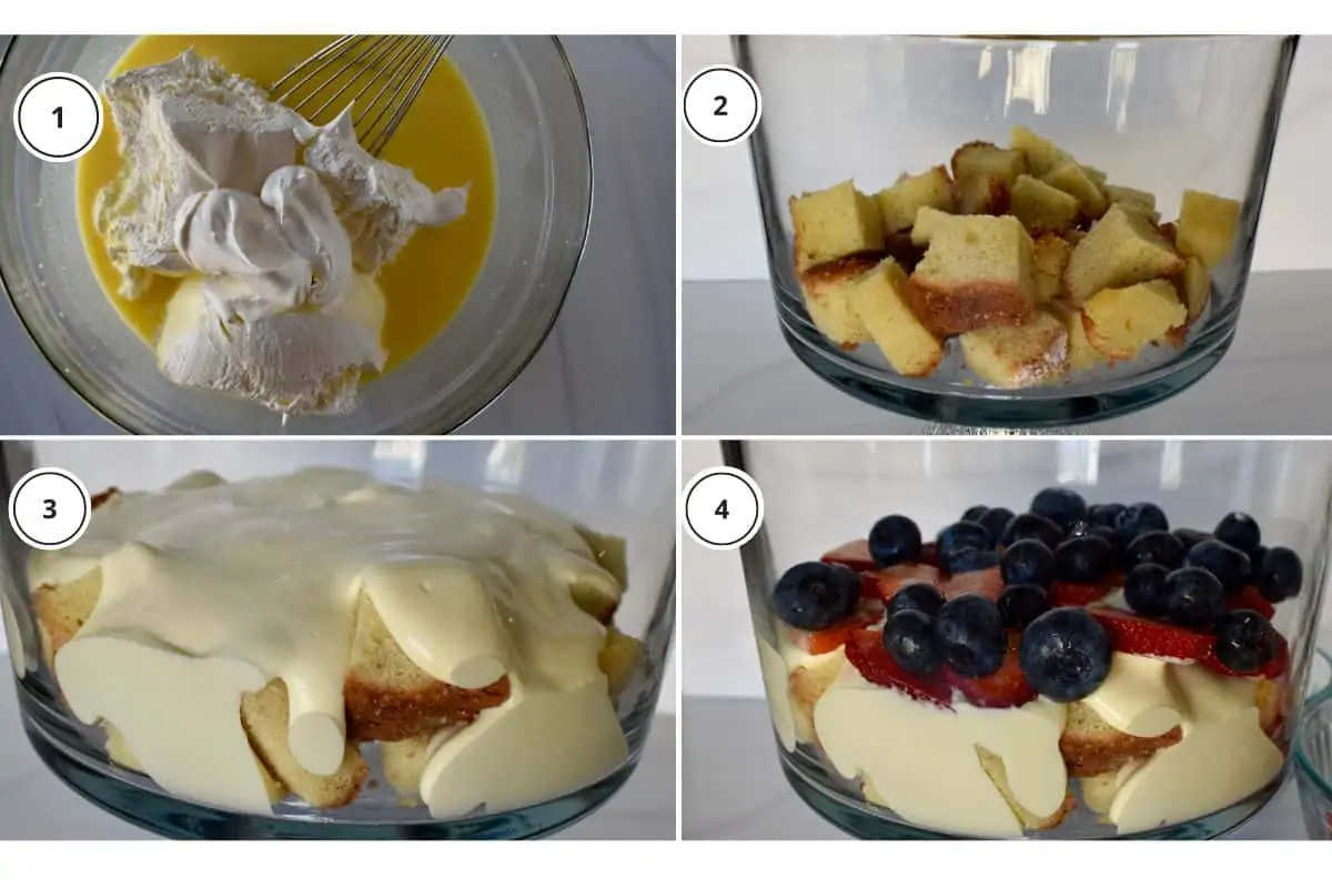 process shots showing how to make recipe including mixing the pudding and layering the ingredients in a large glass bowl.