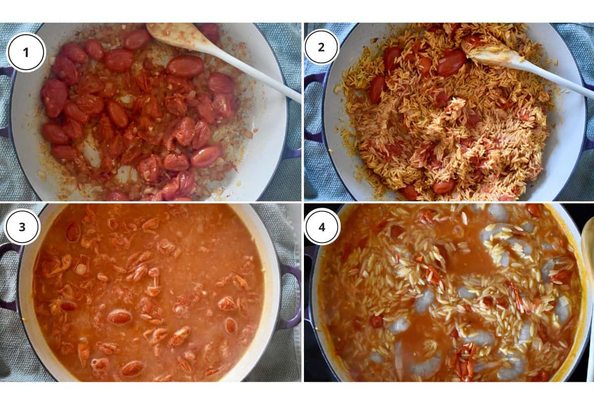 process shots showing how to make recipe including cooking the tomatoes, bringing broth to a boil, and adding in the pasta and seafood. 