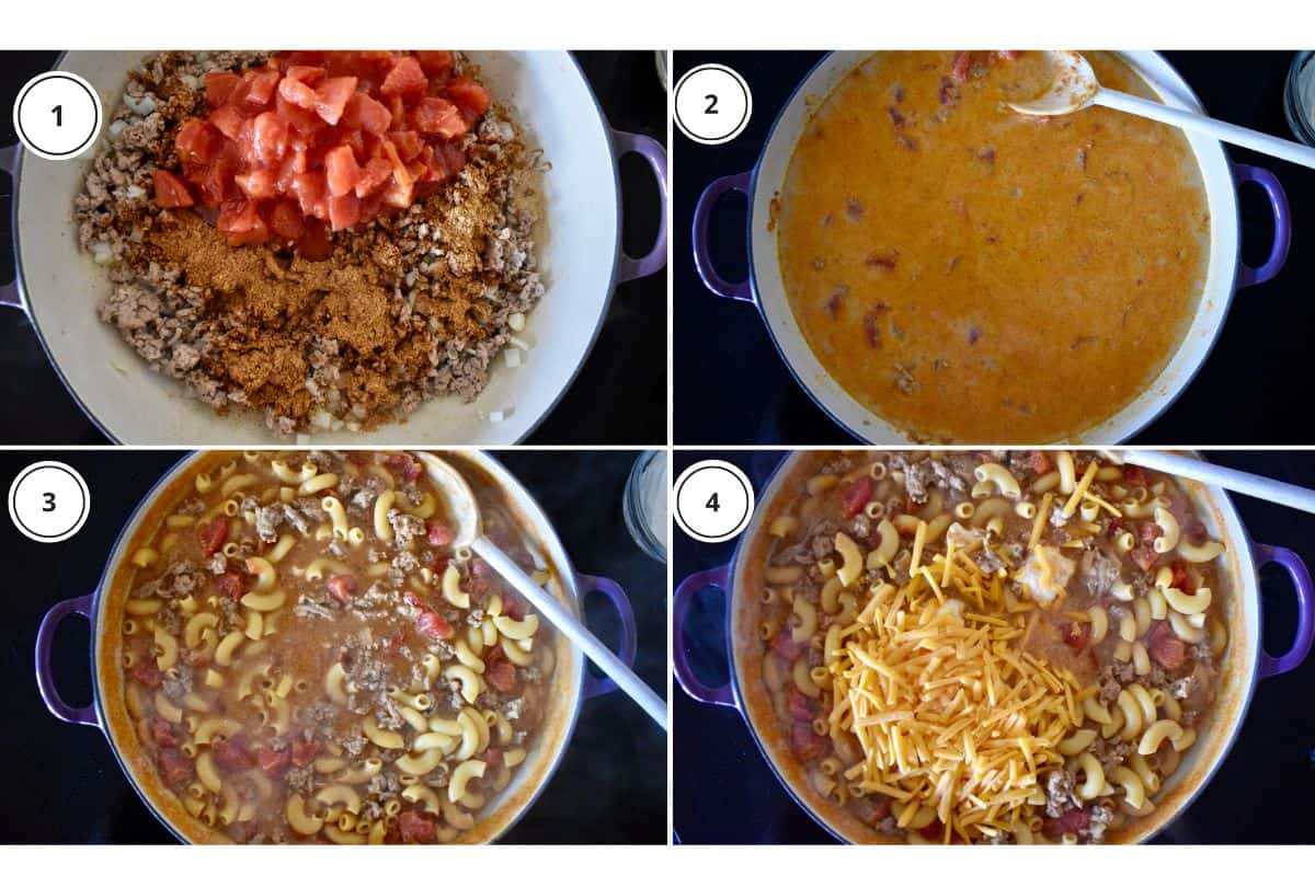 process shots showing the browned meat, canned tomatoes, macaroni, and cheddar cheese. 
