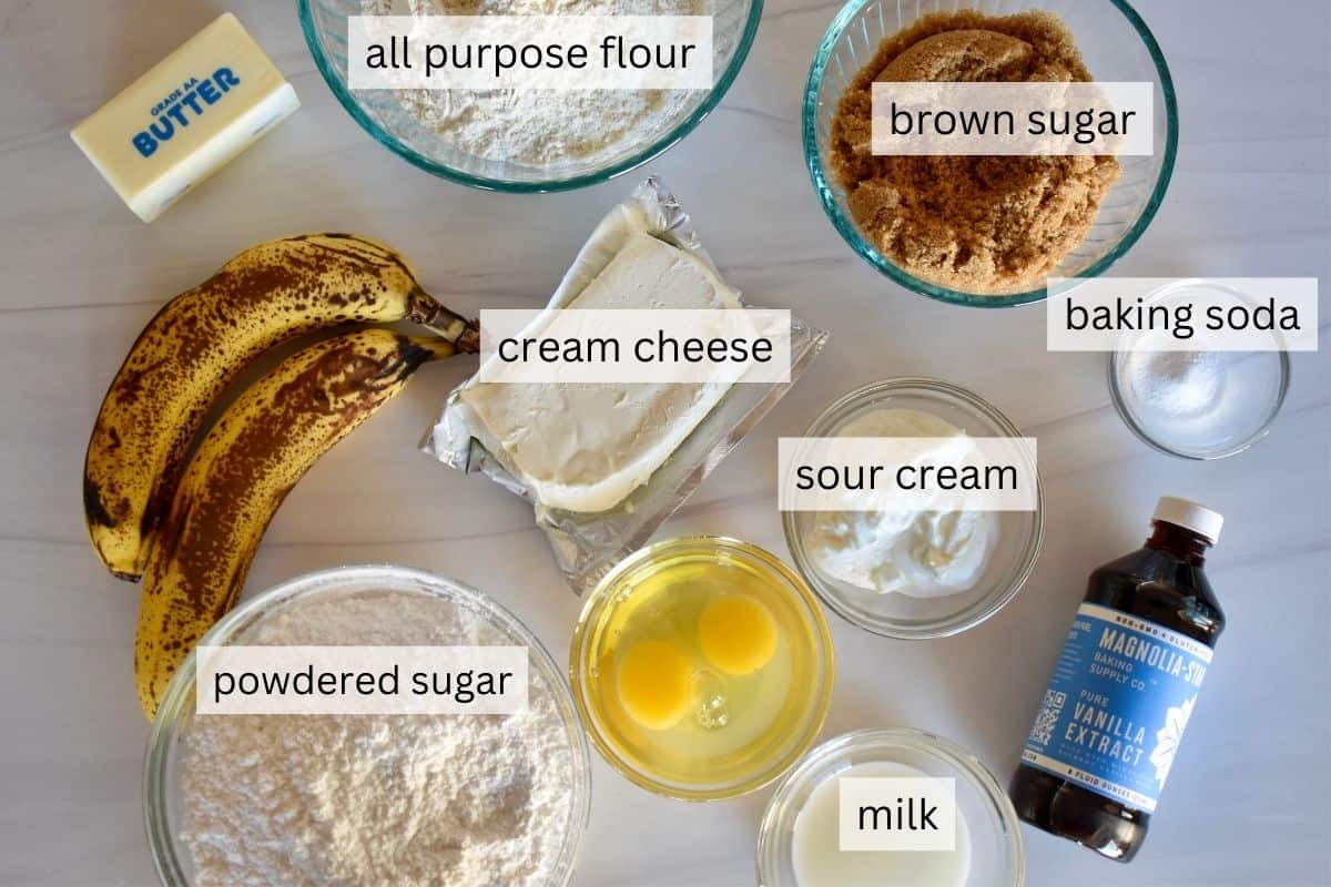 overhead photo of ingredients needed for recipe including sugar and eggs. 