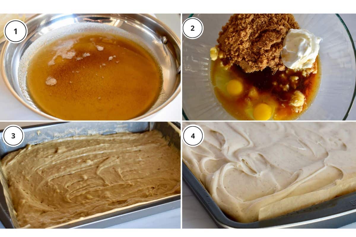 process shots showing how to make recipe including browning the ingredients and spreading into baking pan. 