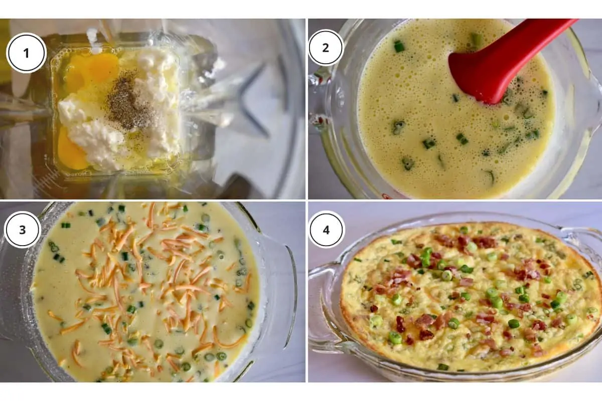 Process shots showing how to make recipe including mixing the ingredients in a blender and pouring into a pie dish. 