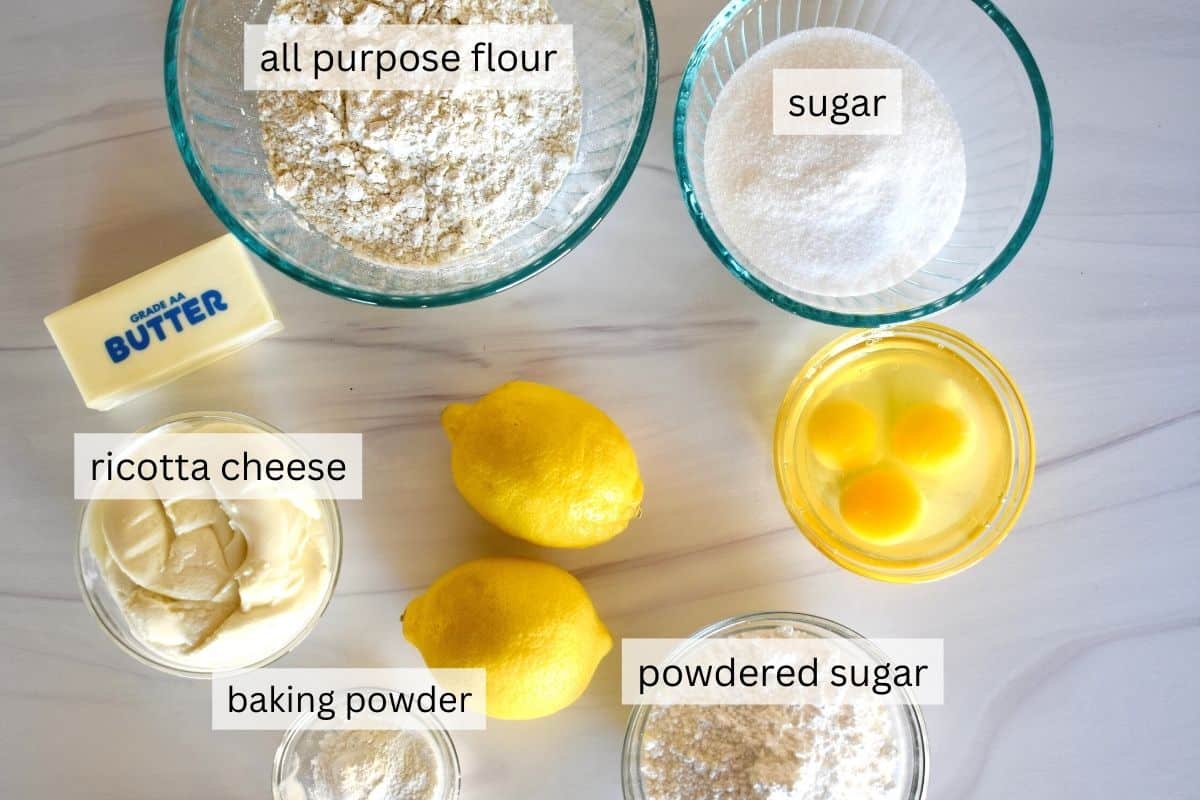 overhead photo of ingredients including eggs, flour, and sugar. 