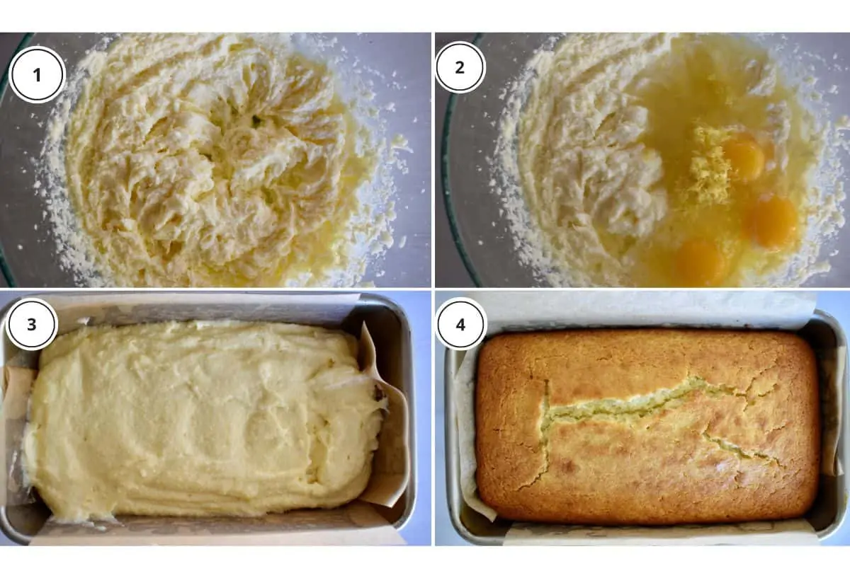 process shots showing how to make recipe including pouring the batter into the baking pan. 