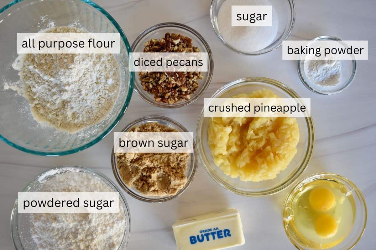 overhead photo of ingredients needed to make recipe including pecans and butter. 