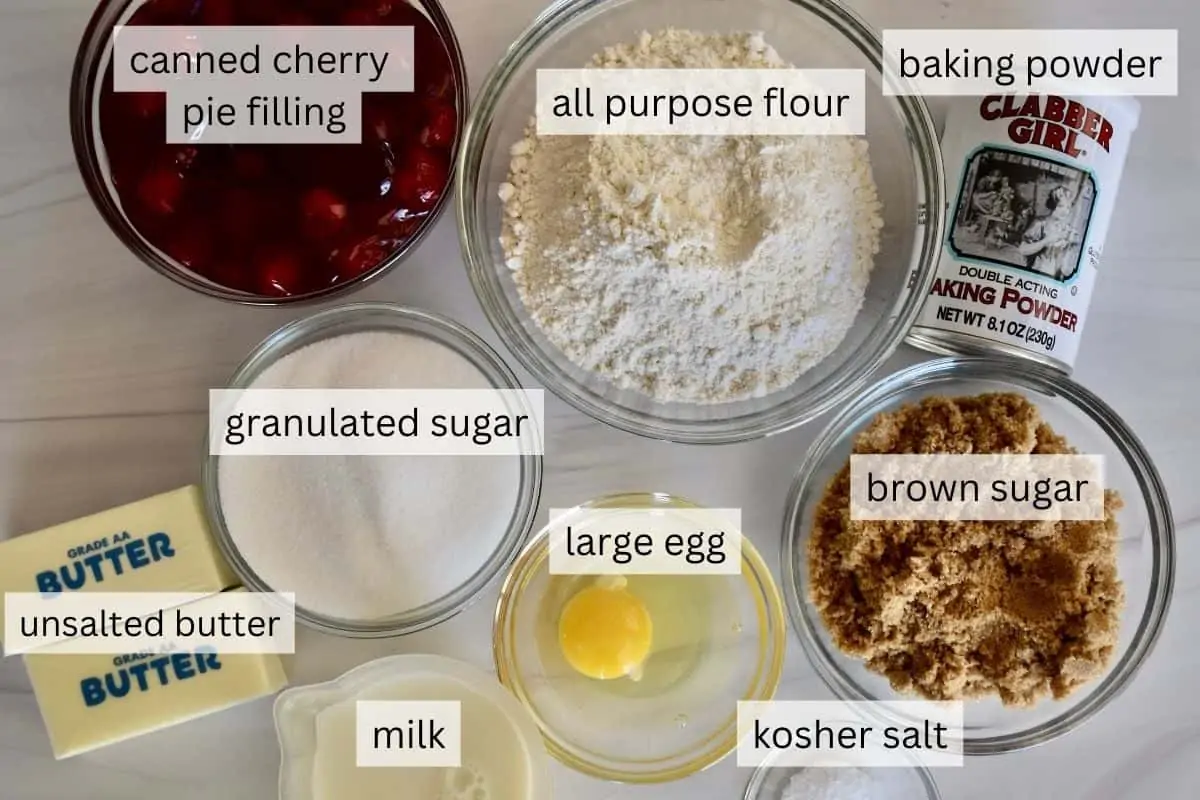 overhead photo of ingredients including butter, flour, sugar, brown sugar, egg, and pie filling. 