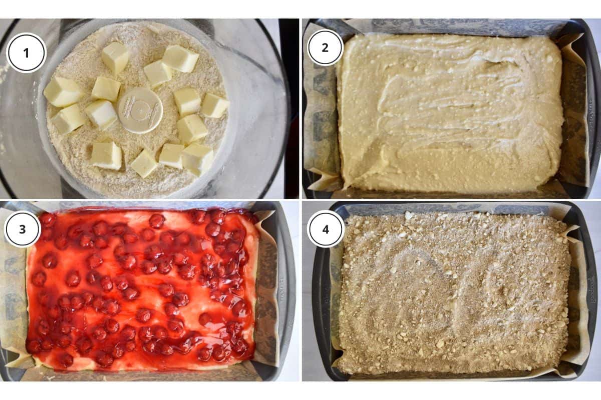 process shots showing how to make recipe including using a food processor to break up the butter and layering it into the baking pan. 
