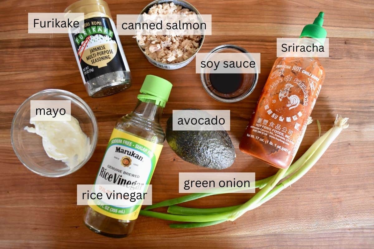overhead photo of ingredients needed for recipe including soy sauce, green onion, mayo, rice vinegar, and sriracha sauce. 