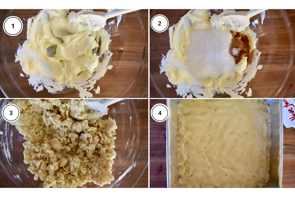 process shots showing how to make recipe including creaming the butter, adding in the sugar, vanilla and flour, and pressing it into a square baking pan. 