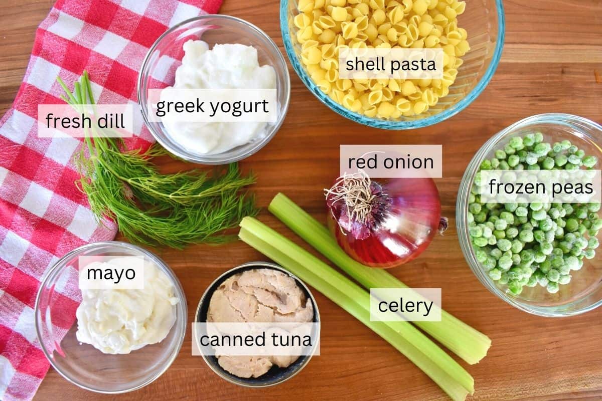 overhead photo of ingredients including celery, peas, mayo, and greek yogurt. 