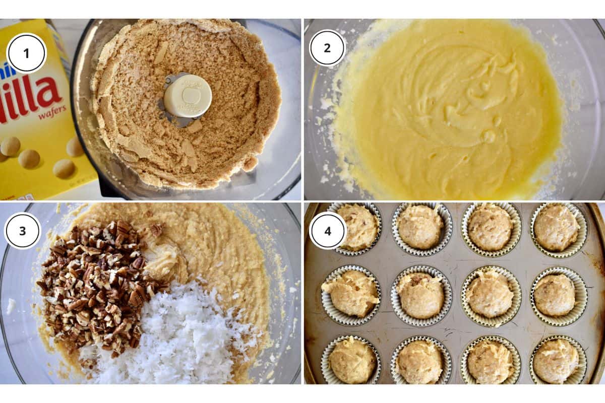 overhead photo of process shots including mixing the batter, grinding the Nilla cookies, and scooping into muffin tins. 