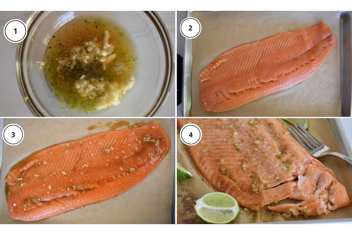 process shots showing how to make recipe including making the topping and brushing it on top of the fish before baking. 