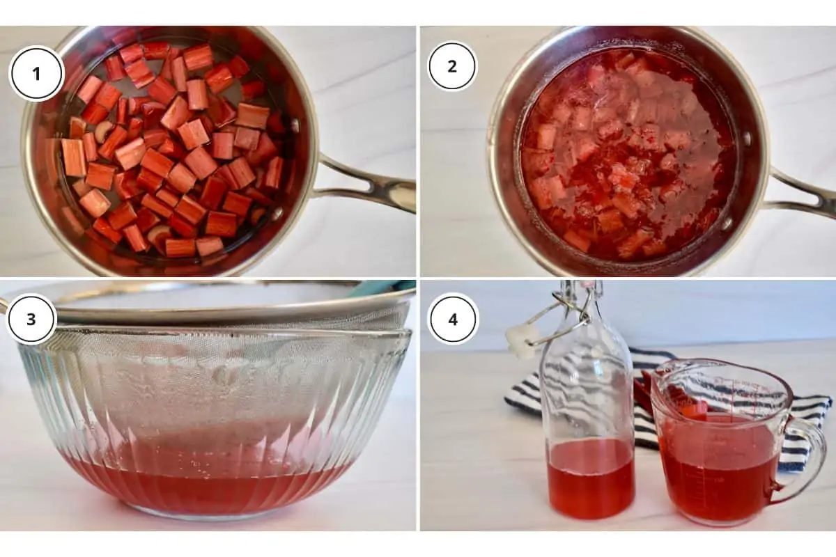 process shots showing how to make recipe including boiling it all in a pot and straining it into a glass jar. 