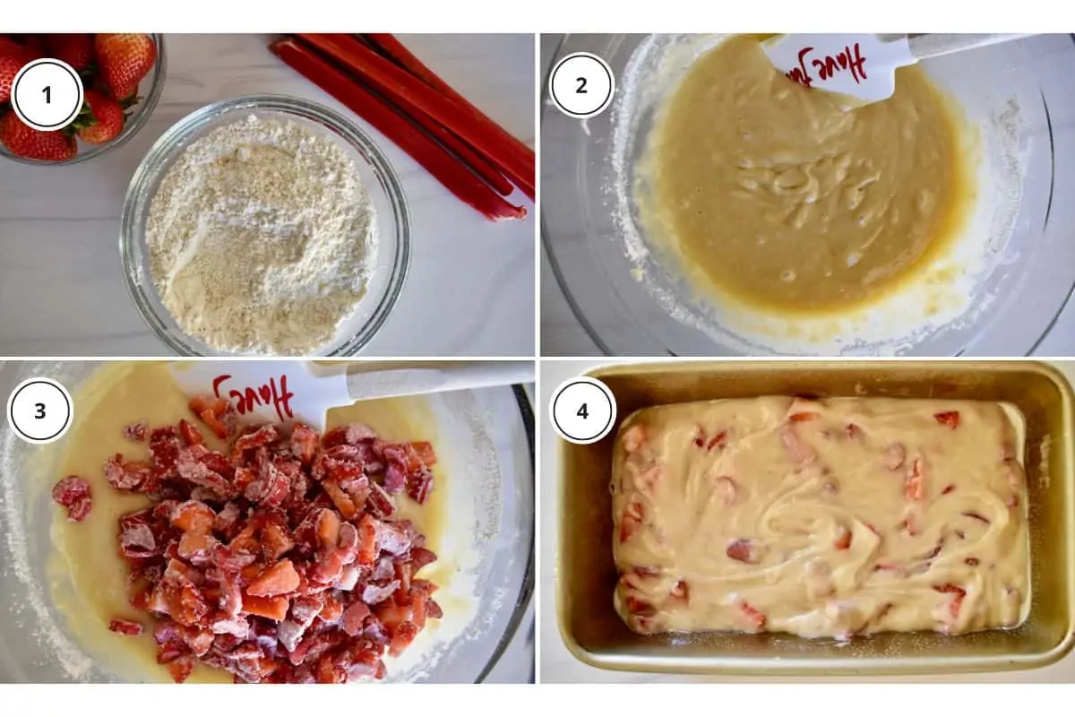 process shots showing how to make recipe including preparing the batter, adding in the diced fruit, and spreading it into the loaf pan. 