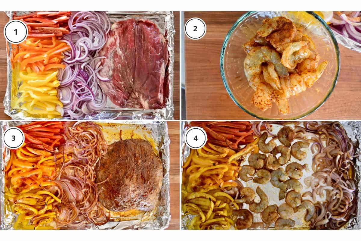process shots showing how to make recipe including rubbing the meat with seasoning and placing the onions and bell peppers on a foil lined baking sheet. 