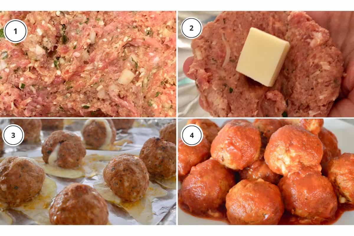 process shots showing how to make recipe including pressing cheese into the middle of the meat patty. 