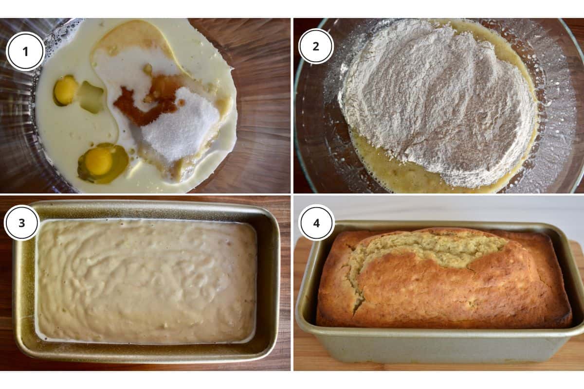 process shots showing how to make recipe including mixing the batter and pouring it into the loaf pan. 